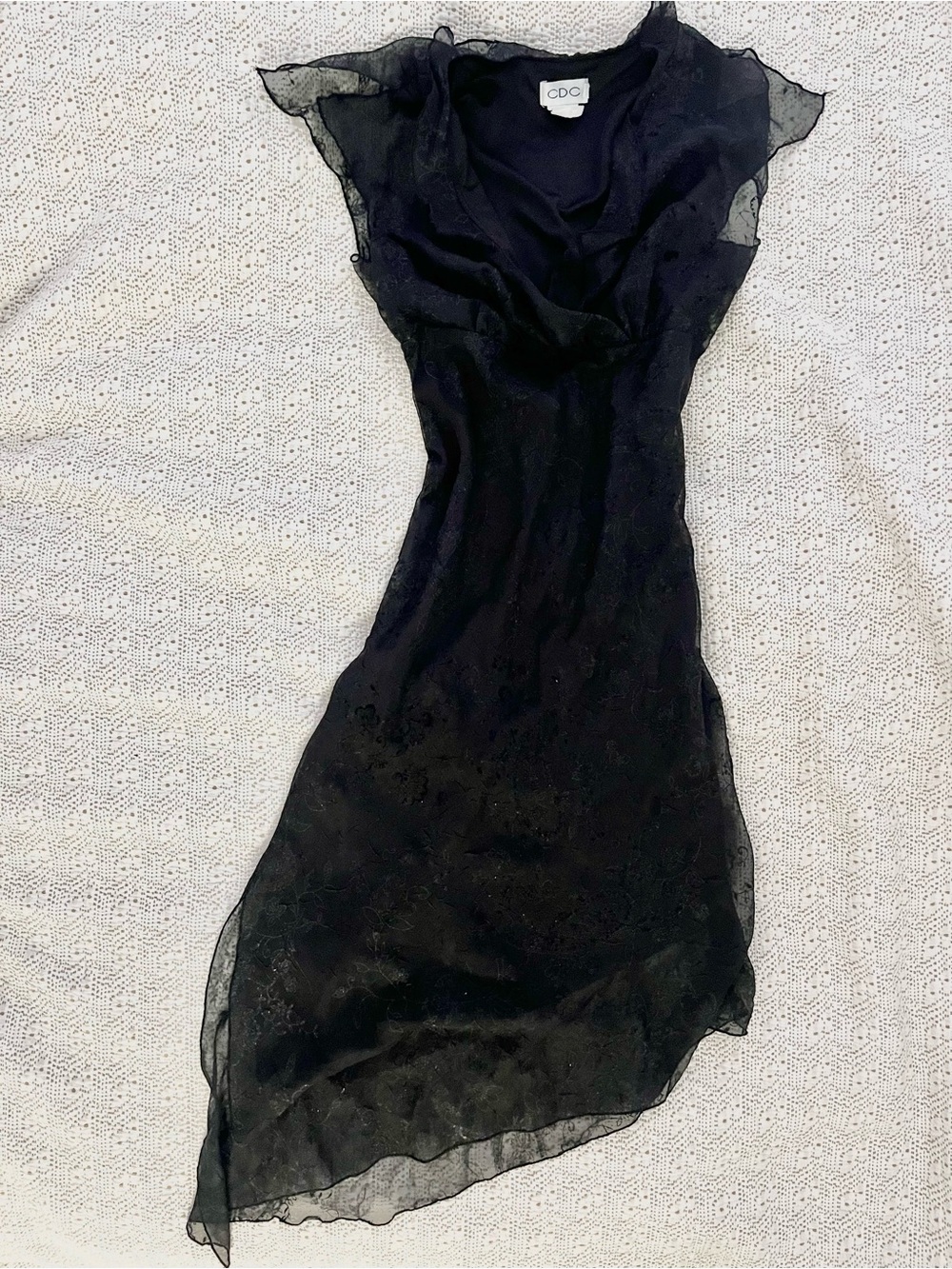 Vintage Y2K CDC Black Sheer Flutter Sleeve Asymmetrical Midi Dress